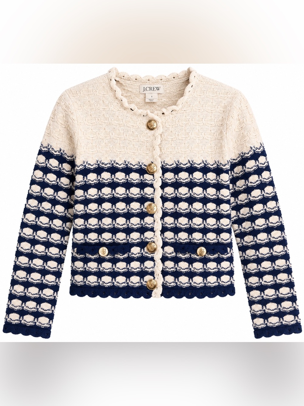 J.Crew Crochet Lady Cardigan Jacket S Navy Cream Gold Button Coastal Preppy